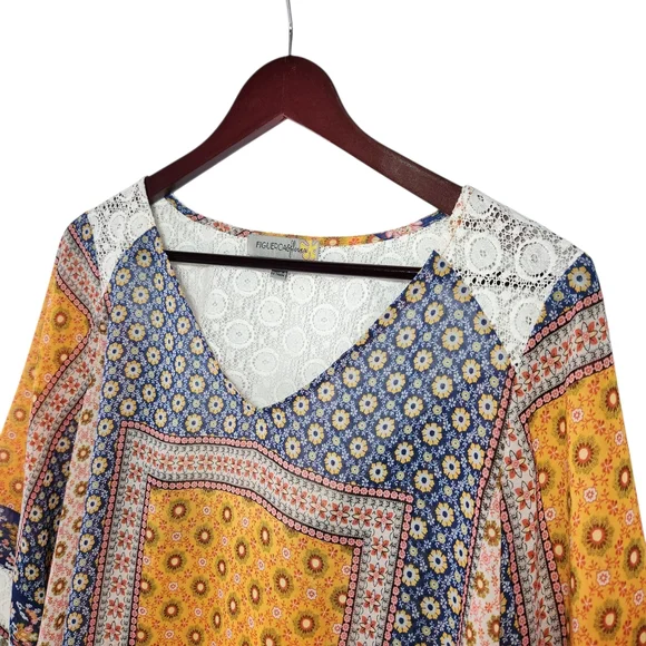 Figueroa & Flower Boho Patchwork Lace Trim Blouse Small V-Neck Flowy Festival - Picture 2 of 16